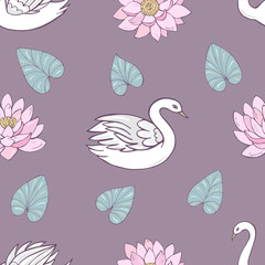 Seamless vector pattern of swans and lotuses. Decoration print for wrapping, wallpaper, fabric, textile.