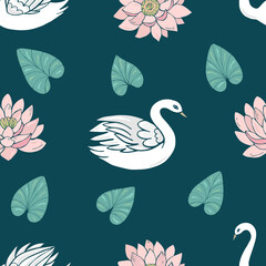 Seamless vector pattern of swans and lotuses. Decoration print for wrapping, wallpaper, fabric, textile.