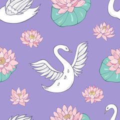 Seamless vector pattern of swans and lotuses. Decoration print for wrapping, wallpaper, fabric, textile.