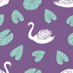 Seamless vector pattern of swans and water lilies. Decoration print for wrapping, wallpaper, fabric, textile.