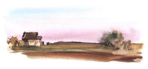 Abstract watercolor landscape. Evening countryside view. Small house in autumn fields. Silhouets of bushes. lilac evening sky. Hand drawn illustration