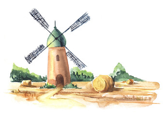 Hand painted watercolor illustration. Small village green roof windmill in field. Haymaking. Haystacks rolls of dry grass. Harvest time. Idyllic rural landscape. Sketchy drawn on white background.