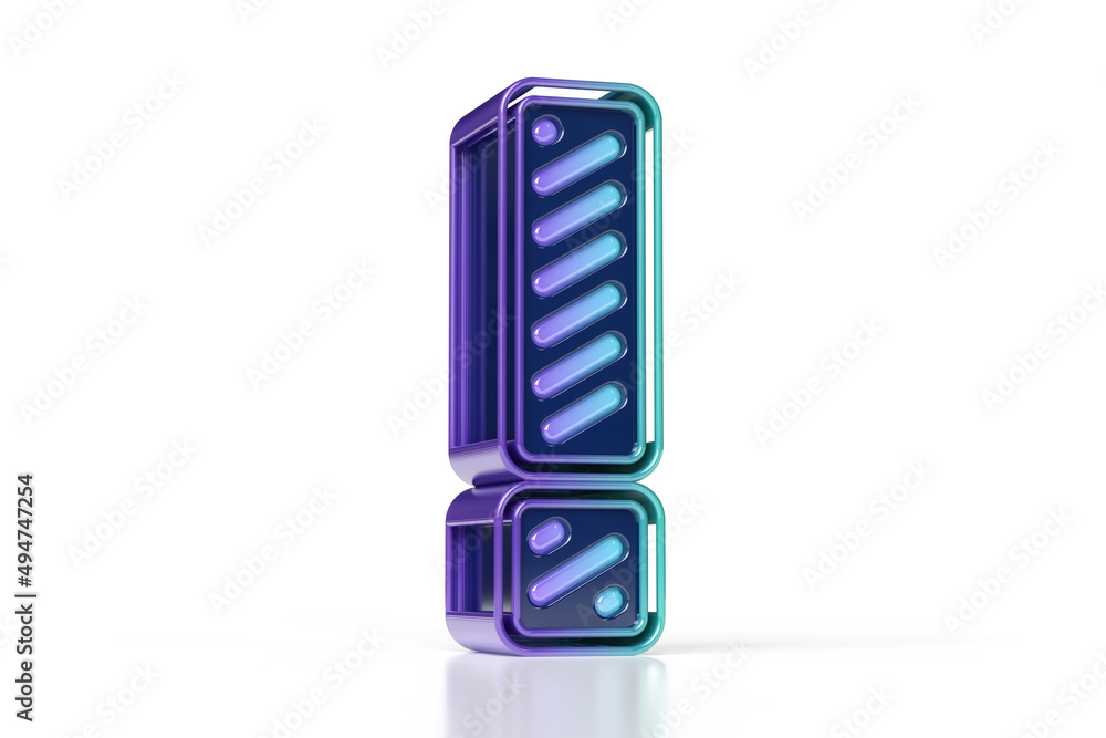 Poster 3d retro neon font. shiny 80s style exclamation point in purple to green gradient pattern. high qual
