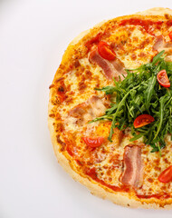 Pizza with bacon and rucola