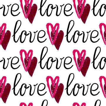 Fototapeta Stylish graphic seamless pattern with hearts and the inscriptions love 