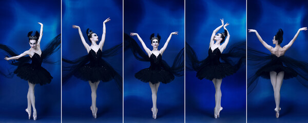Collage. Portraits of artistic young woman, ballet dancer performing on stage in image of Black Swan isolated over blue background