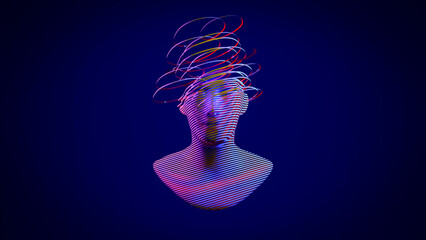 3d digital abstract human face on a dark background. Futuristic face cut into colored slices. Metaverse, artificial intelligence Ai concept.