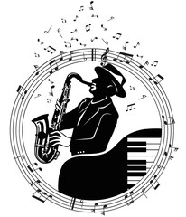 Saxophonist, Piano,  Musical Notes