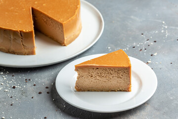 Cheesecake with caramel sauce, Piece of delicious cake with caramel