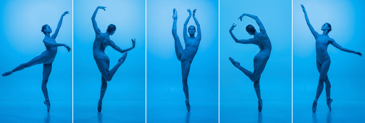 Collage. Portraits of young tender woman, ballerina dancing, posing isolated over blue studio backgrround