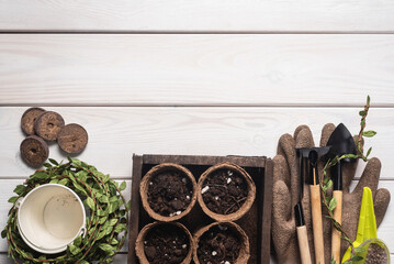 Garden tools, flower pots and gloves on the wooden flat lay table background. Gardening background...