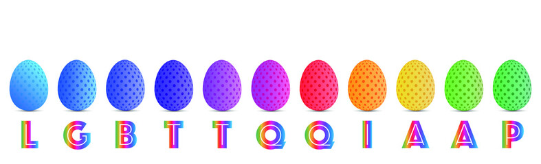 Text Letters LGBTTQQIAAP. Easter eggs in a row. Spotted Eggs in rainbow colors. Gender and Sexual Diversity minimal concept