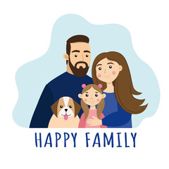 A happy family. Mom, dad, daughter and dog.