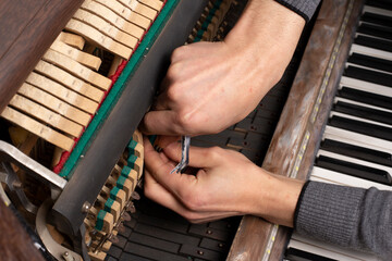 closeup of hand and tools of tuner working on grand piano