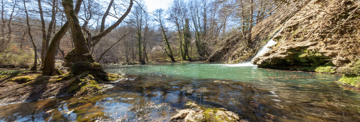 Panoramic view of Water fall at The park of the Mola, Name from the old mill of wheat from flour,built in 1573.Surrounded by greenery and remains of the ancient canalization