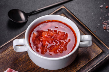 Borscht - traditional Ukraine soup made of beetroot, tomato, cabbage, carrot and beef