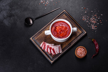 Borscht - traditional Ukraine soup made of beetroot, tomato, cabbage, carrot and beef