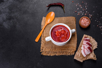 Borscht - traditional Ukraine soup made of beetroot, tomato, cabbage, carrot and beef
