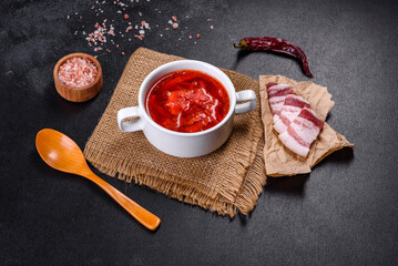 Borscht - traditional Ukraine soup made of beetroot, tomato, cabbage, carrot and beef