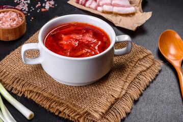 Borscht - traditional Ukraine soup made of beetroot, tomato, cabbage, carrot and beef