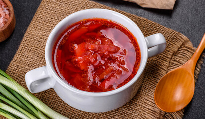 Borscht - traditional Ukraine soup made of beetroot, tomato, cabbage, carrot and beef