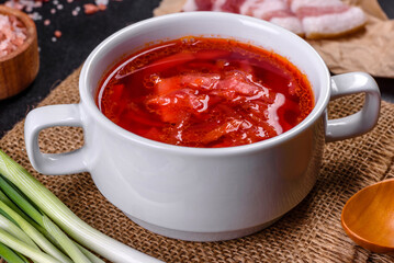 Borscht - traditional Ukraine soup made of beetroot, tomato, cabbage, carrot and beef