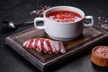 Borscht - traditional Ukraine soup made of beetroot, tomato, cabbage, carrot and beef