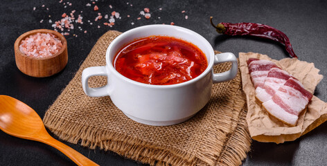 Borscht - traditional Ukraine soup made of beetroot, tomato, cabbage, carrot and beef