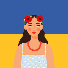 Ukrainian woman on the yellow-blue background. 