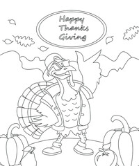 Turkey coloring book page. Black and white outlines. Thanksgiving easy coloring book page for children.