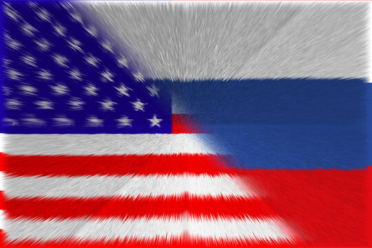 United States of America (USA) and Russia. USA flag and Russia flag. Concept of war of countries, political and economic relations. Horizontal design. Abstract design. Illustration. USA RUSSIA MISSILE