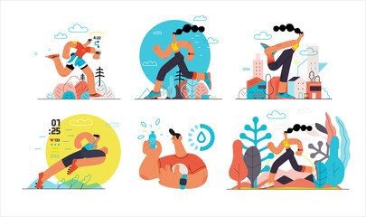 Runners set. Flat vector concept illustrations of male and female athletes running in the park, forest, stadium track or street landscape. Healthy activity and lifestyle. Sprint, jogging, warming up.