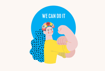 War and peace - We can do it -modern flat vector concept digital illustration of a young Ukranian woman posing with gesture from a famous war poster. Creative anti-war poster.