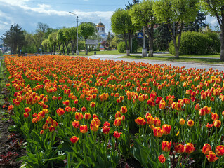 Kamianets-Podilskyi,  Khmelnytsky region, Ukraine. Avenue with beautiful spring flower bed with a lot of colored tulip flowers.