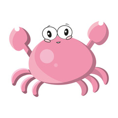 Mr crab, cute childish character, pink crab isolated on white background. Kawaii smiling cartoon character. Illustration for children's books, goods.