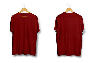 Blank maroon T-Shirt Mock-up on wooden hanger, front and rear side view. Isolated white background. 3D Rendering.