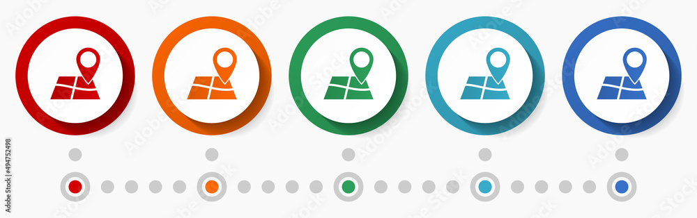 Aufkleber Navigation, travel concept vector icon set, flat design colorful buttons, infographic template in 5 color options