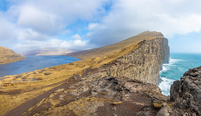 A view of "Sørvágsvatn" which is the largest lake in the Faroe Islands. It is situated on the island of Vágar between the municipalities of Sørvágur and Vágar.