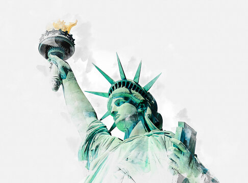 Watercolor paint effect of the Statue of Liberty isolated on white background