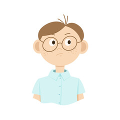 Drawing of a cartoon man in glasses with emotions on his face. Doodle style