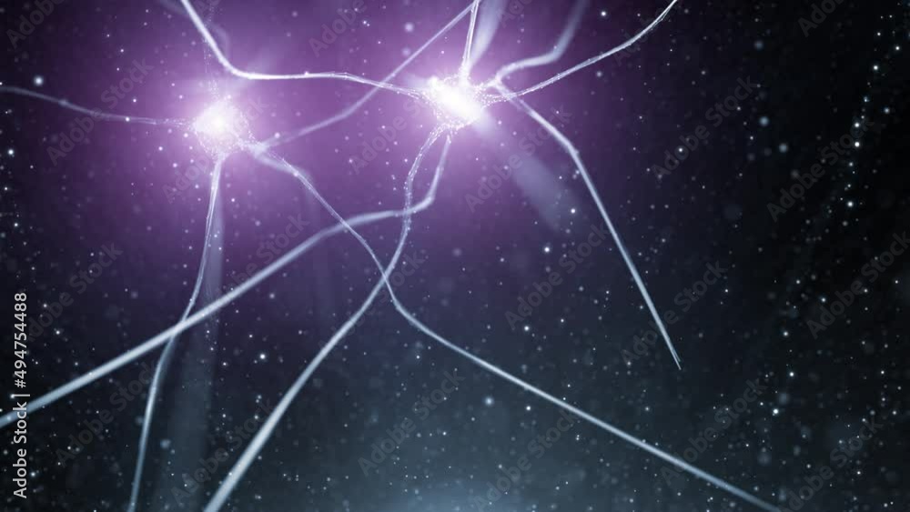 Poster flickering shiny neurons on abstract space bokeh background.