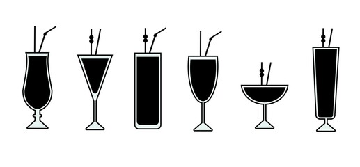 Set of black cocktail vector glasses illustration. Drink icon design collection.