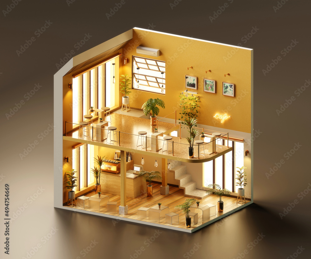 Poster isometric view minimal cafe store open inside interior architecture, 3d rendering.
