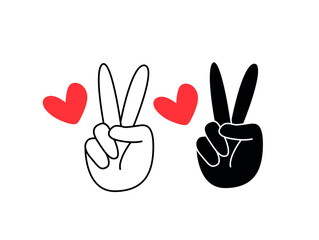 Two fingers peace sign with red hearts outline and silhouette