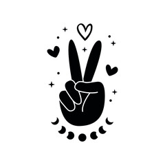 Fototapeta premium Peace sign with two fingers moon phase and hearts