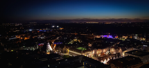 Fototapeta na wymiar Top view of panorama Leipzig ( Germany) at night. Horizontal image.