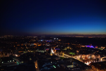 Fototapeta na wymiar Panorama Leipzig ( Saxony, Germany) at night. Horizontal image. Copy space.