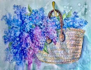 Bouquet of lilacs in a bag. Watercolor syringa. 