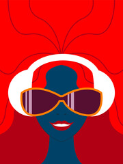 Vector illustration - a young woman with red hair wearing sunglasses smiling happily and space to copy. Concept CD cover or poster