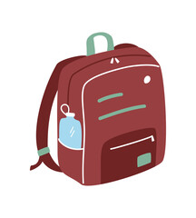 Hand drawn cute cartoon illustration of backpack, rucksack. Flat vector luggage sticker in simple colored doodle style. Migration, tourism baggage icon or print. Isolated on white background.